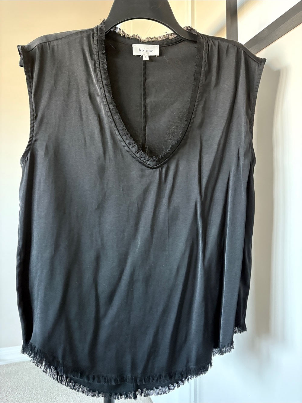 Bohme Black V-Neck Frayed Cap Sleeve Top